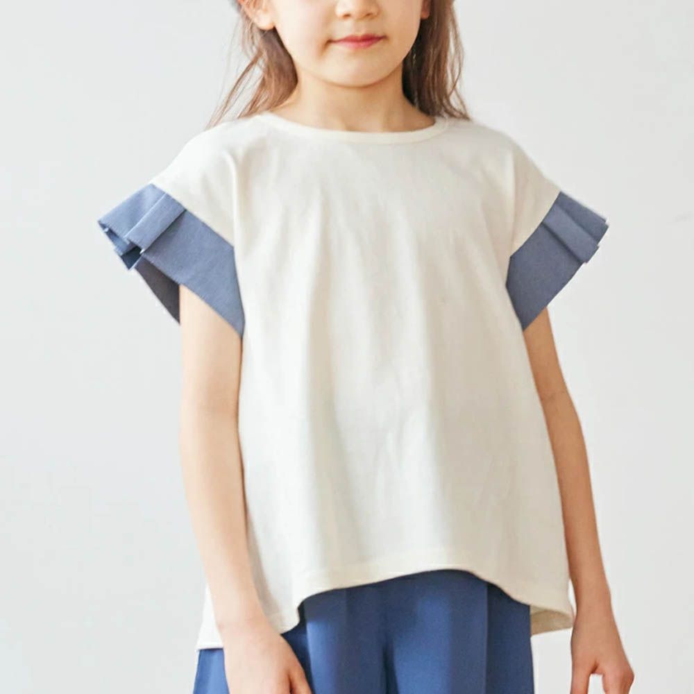 背後優雅摺邊袖上衣-象牙白x藍