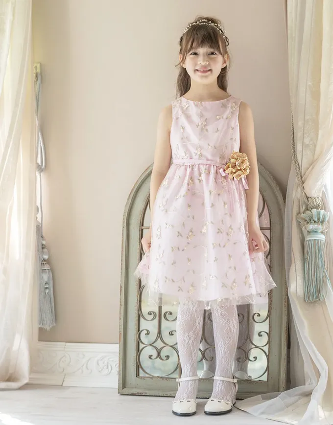 日本 Catherine Cottage - 精緻花朵刺繡薄紗洋裝/小禮服-附繡球花別針-粉紅