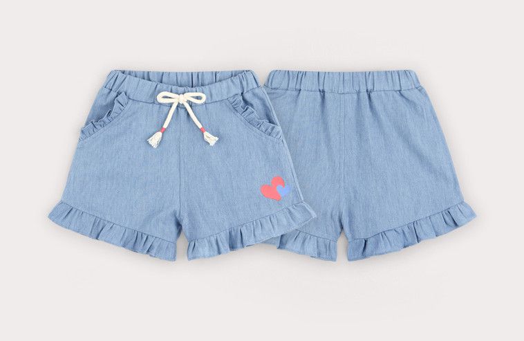 韓國 HEJMINI - 雙色心荷葉拼接短褲-藍