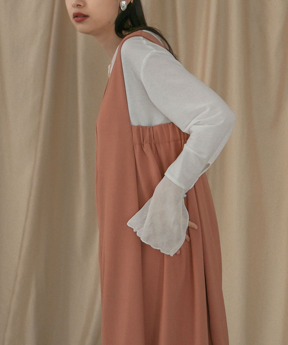 日本 Bab - 楊柳拼接珍珠薄長袖上衣-米杏