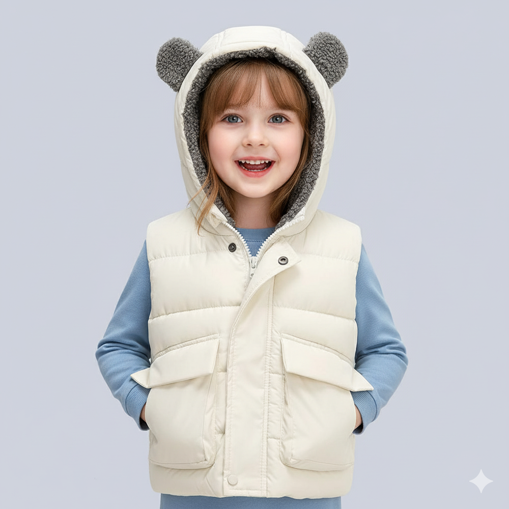 加絨造型暖暖連帽背心-熊熊耳朵-米白色
