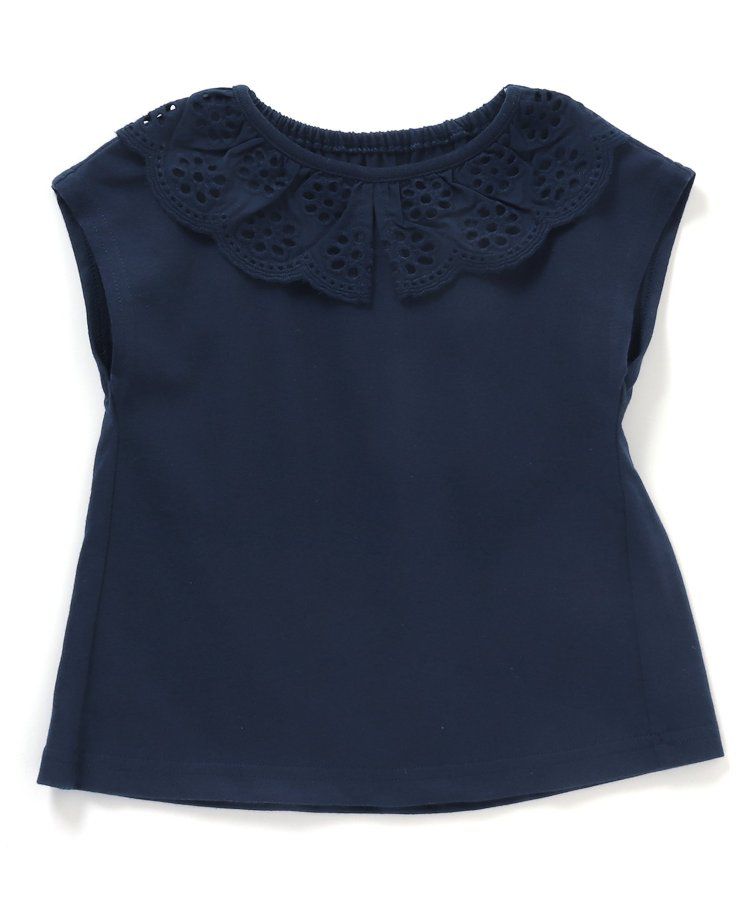 日本 apres les cours - 雕花蕾絲領短袖上衣-深藍