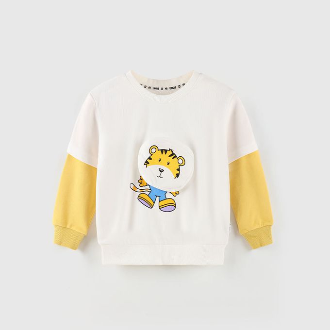 圓領假兩件長袖上衣-老虎印花-橘+黑色