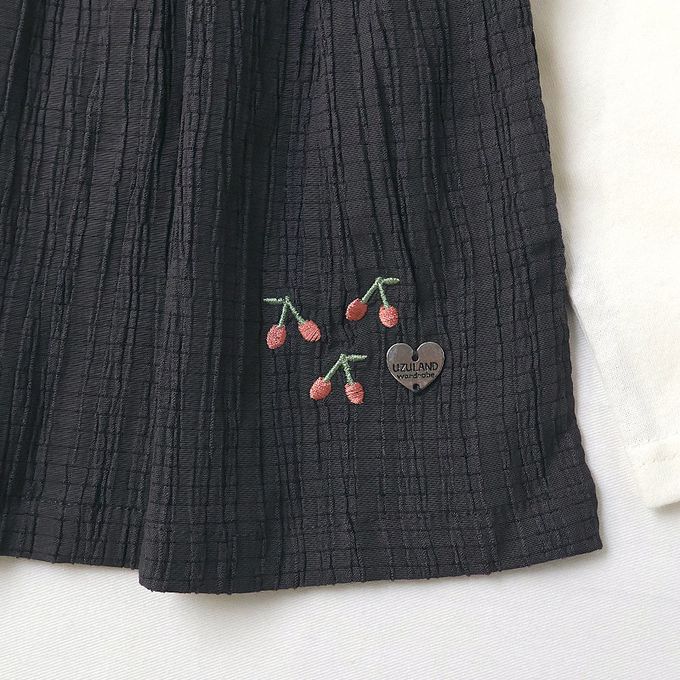 日本 ZOOLAND - 假二件典雅緹花長袖上衣-櫻桃刺繡-藕粉