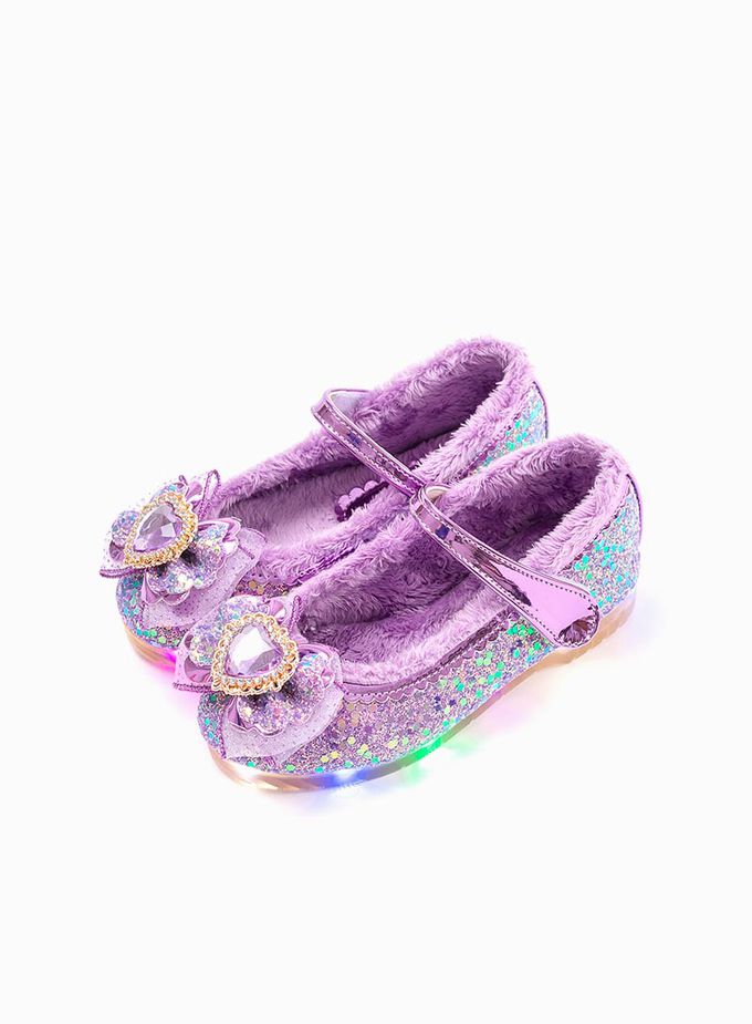 韓國 OZKIZ - (LED)愛心鑽亮片刷毛矮跟皮鞋-紫