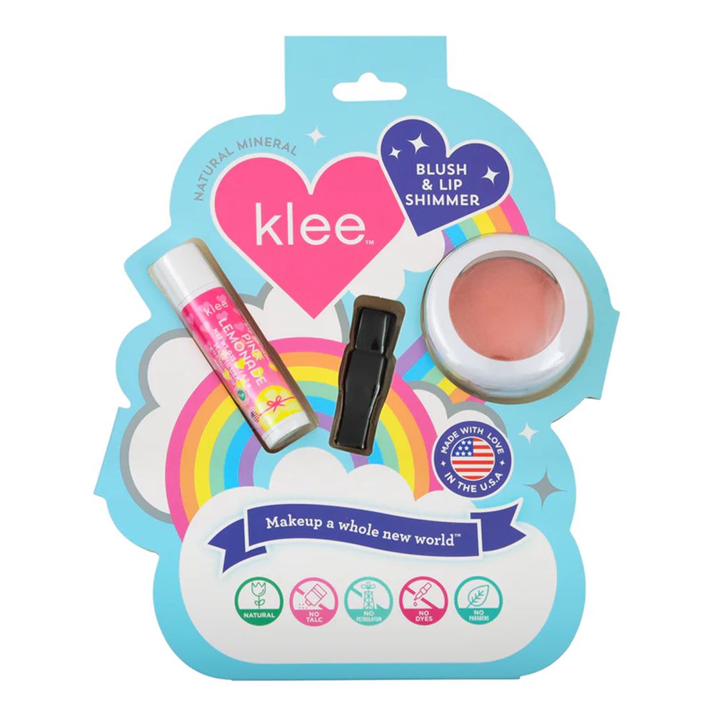 美國 Klee Kids - Klee Girls 蜜糖彩虹腮紅組-夕陽橘礦物腮紅盒(3.5g)+粉檸檬亮光潤唇膏(4.2g)+腮紅刷(共3件)