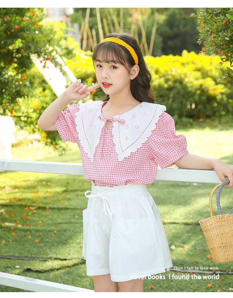 娃娃領短袖套裝-格紋上衣+花苞短褲-黑+白
