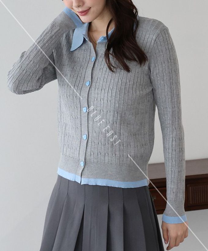 日本 BLUE EAST - 愛心扣雙色polp領麻花開襟衫-海軍藍