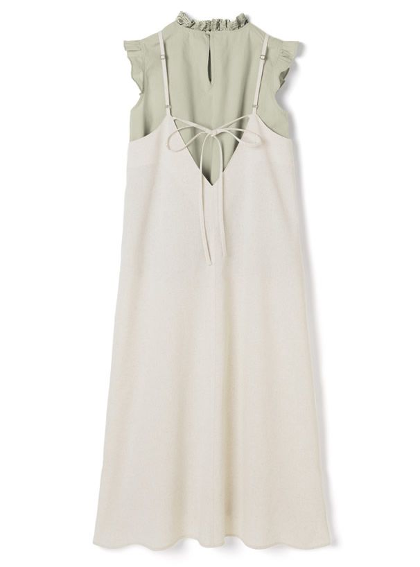 日本 GRL - 荷葉袖無袖上衣 X 細肩帶吊帶裙套裝-淺綠X米白