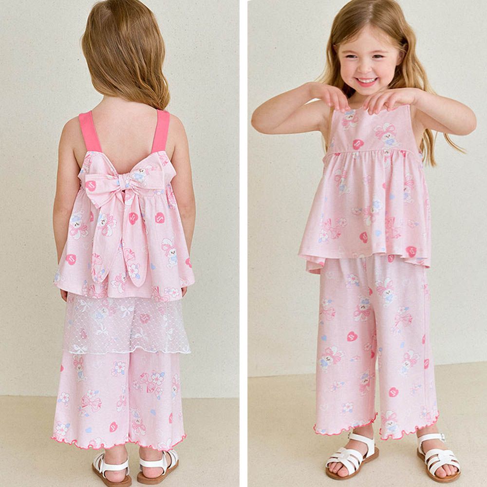 背後蝴蝶結裝飾細肩背心上衣X長褲套裝-粉