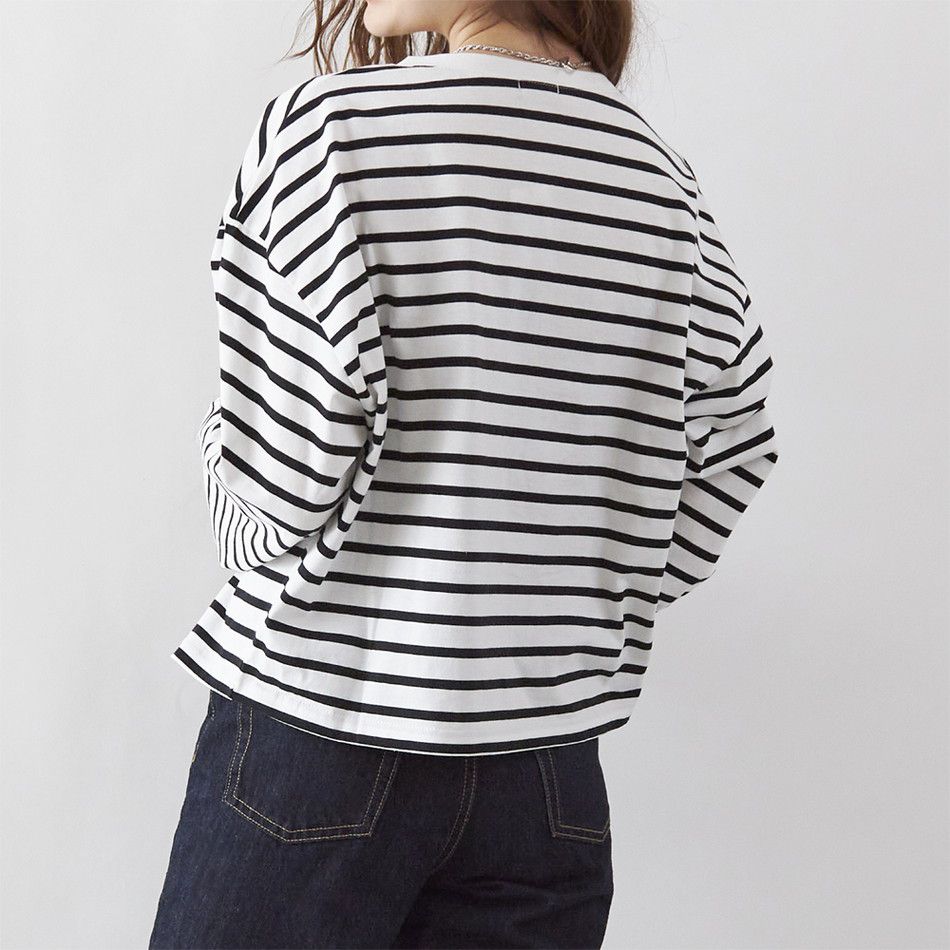 日本 Rejoule - V領橫條紋落肩短版薄外套-藍x白