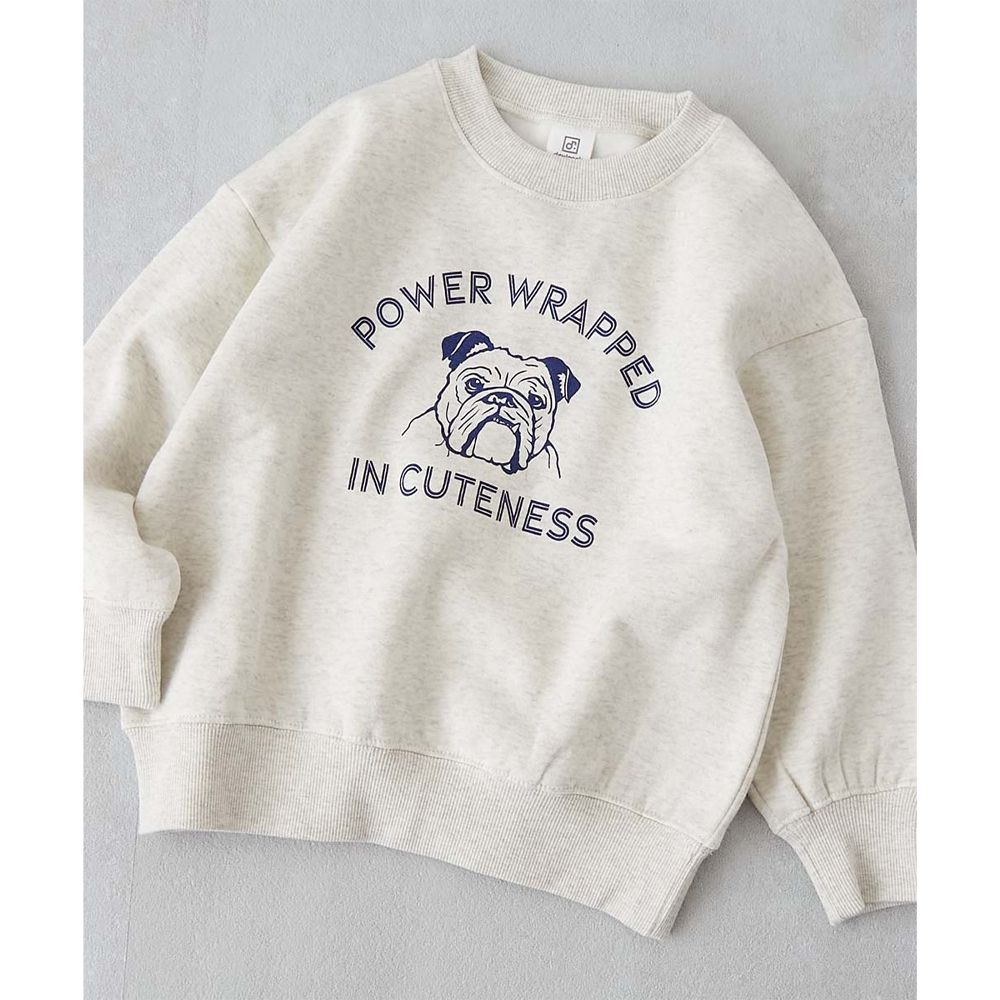 裏起毛動物印花大學T-哈巴狗-燕麥白