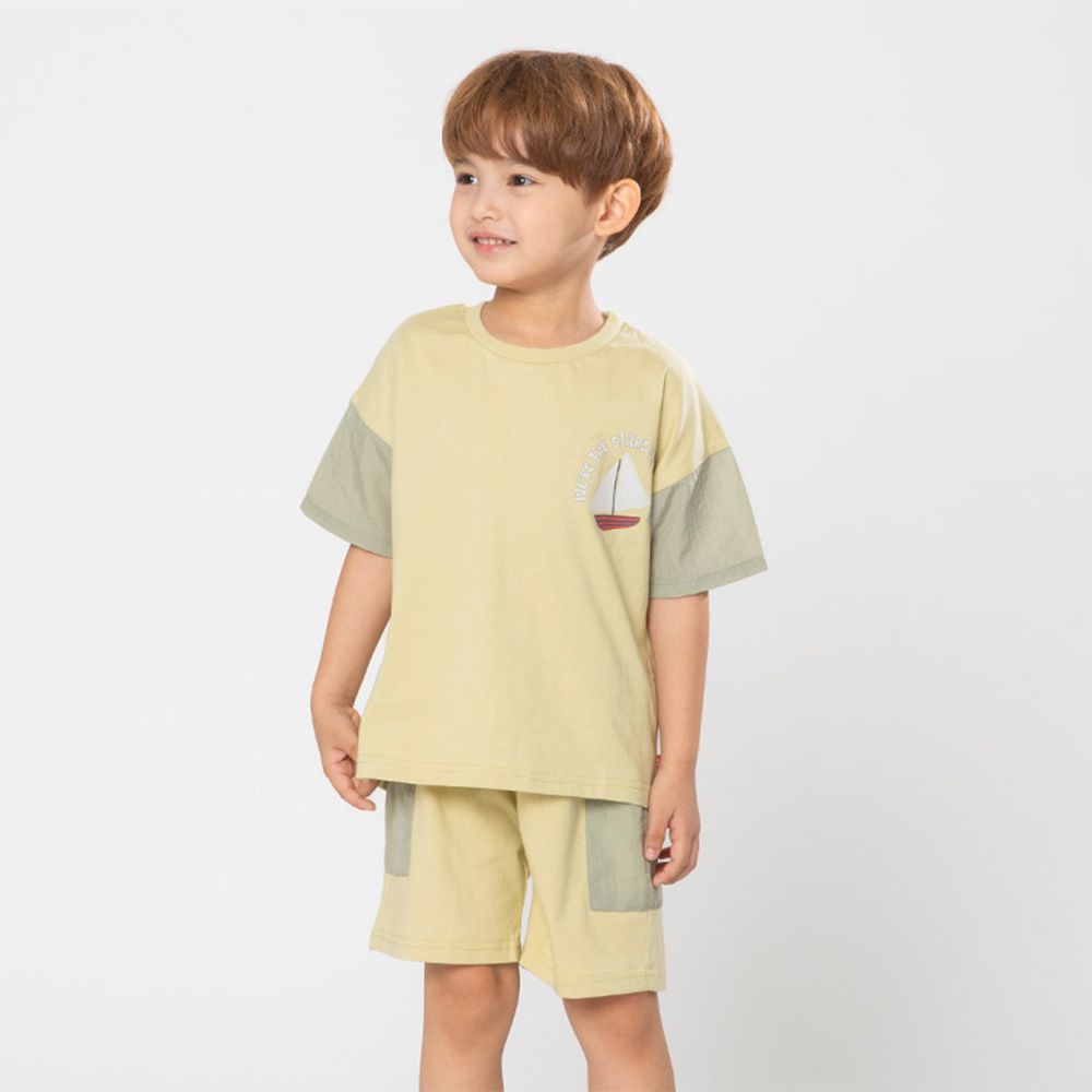帆船插畫短袖上衣X短褲套裝-芥末黃X灰綠