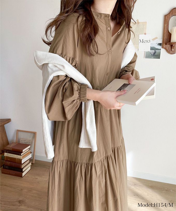 日本 Classical Elf - 百搭分層襯衫領大寬袖洋裝-摩卡