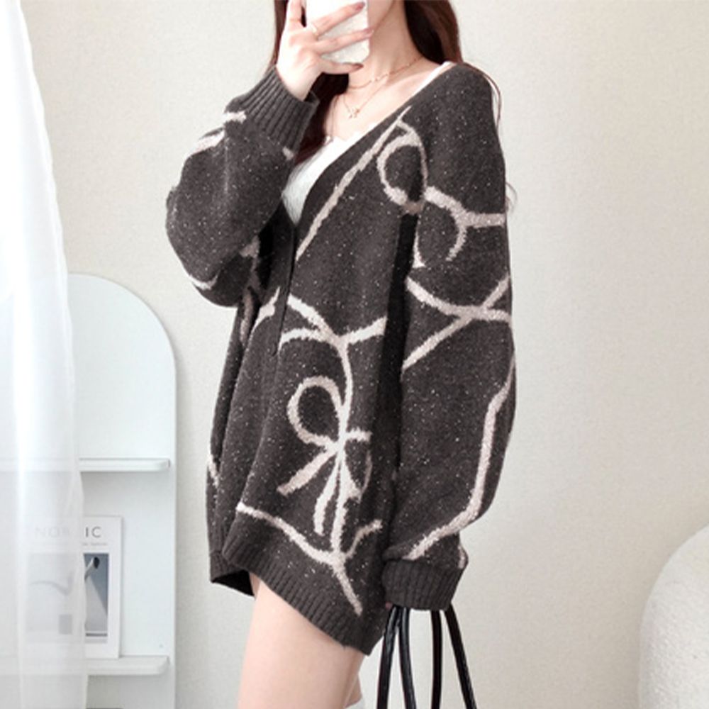 蝴蝶結線條金蔥閃爍針織開襟衫-咖啡棕 (F)