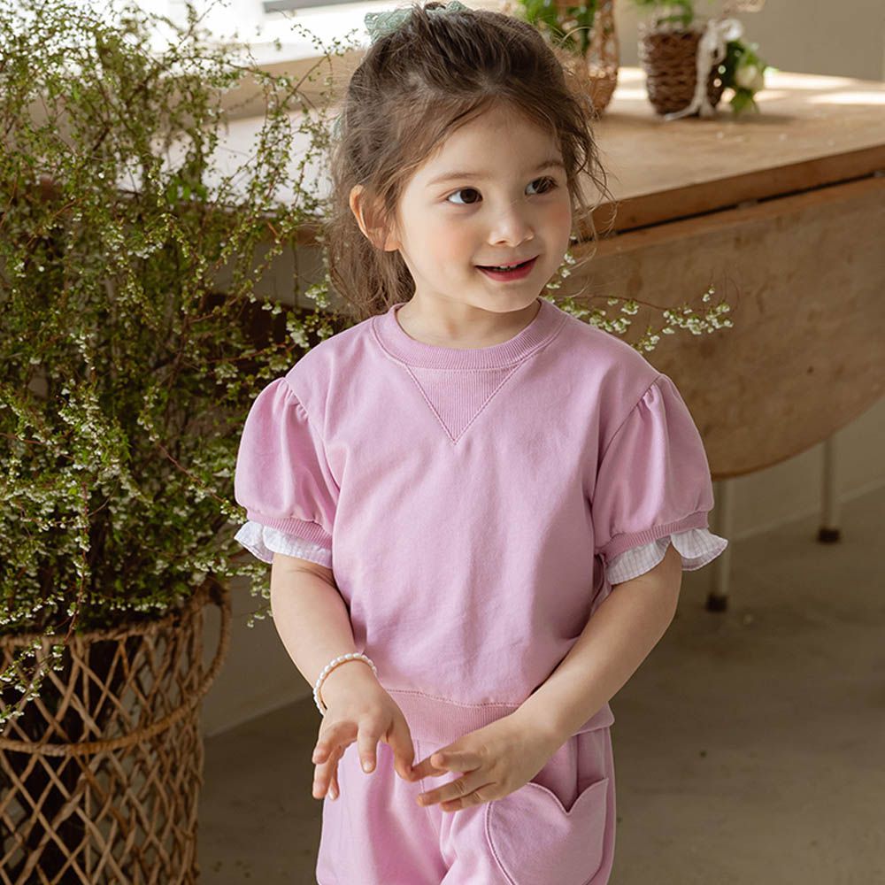 簡約格紋點綴短袖大學T-粉