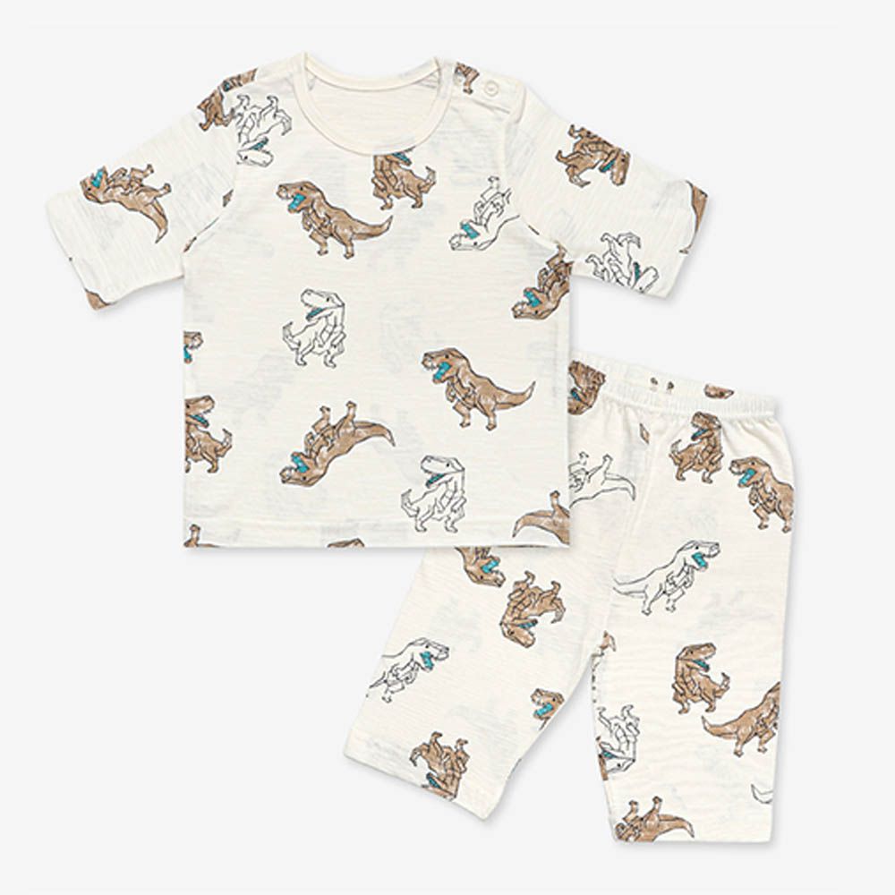 韓製莫代爾透氣7分袖家居服-機器恐龍-米