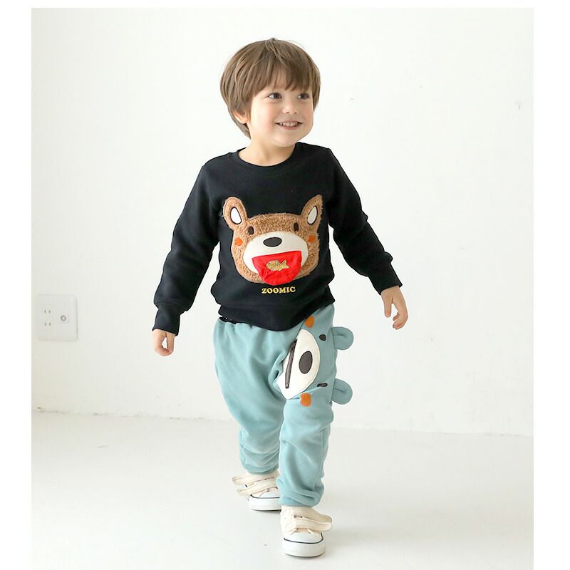 日本 ZOOLAND - 童趣印花保暖休閒長褲-熊熊不想說-黃