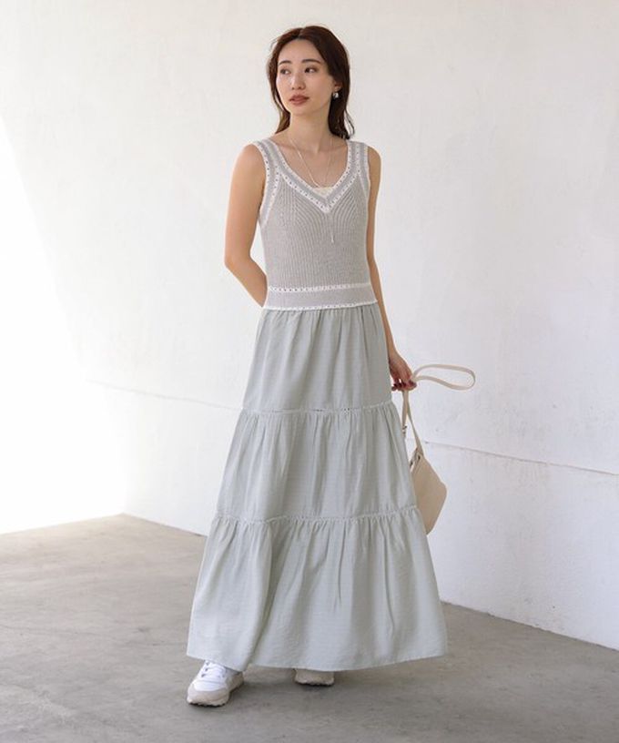 日本 Bab - 純棉針織拼接渡假風無袖洋裝-淺灰綠