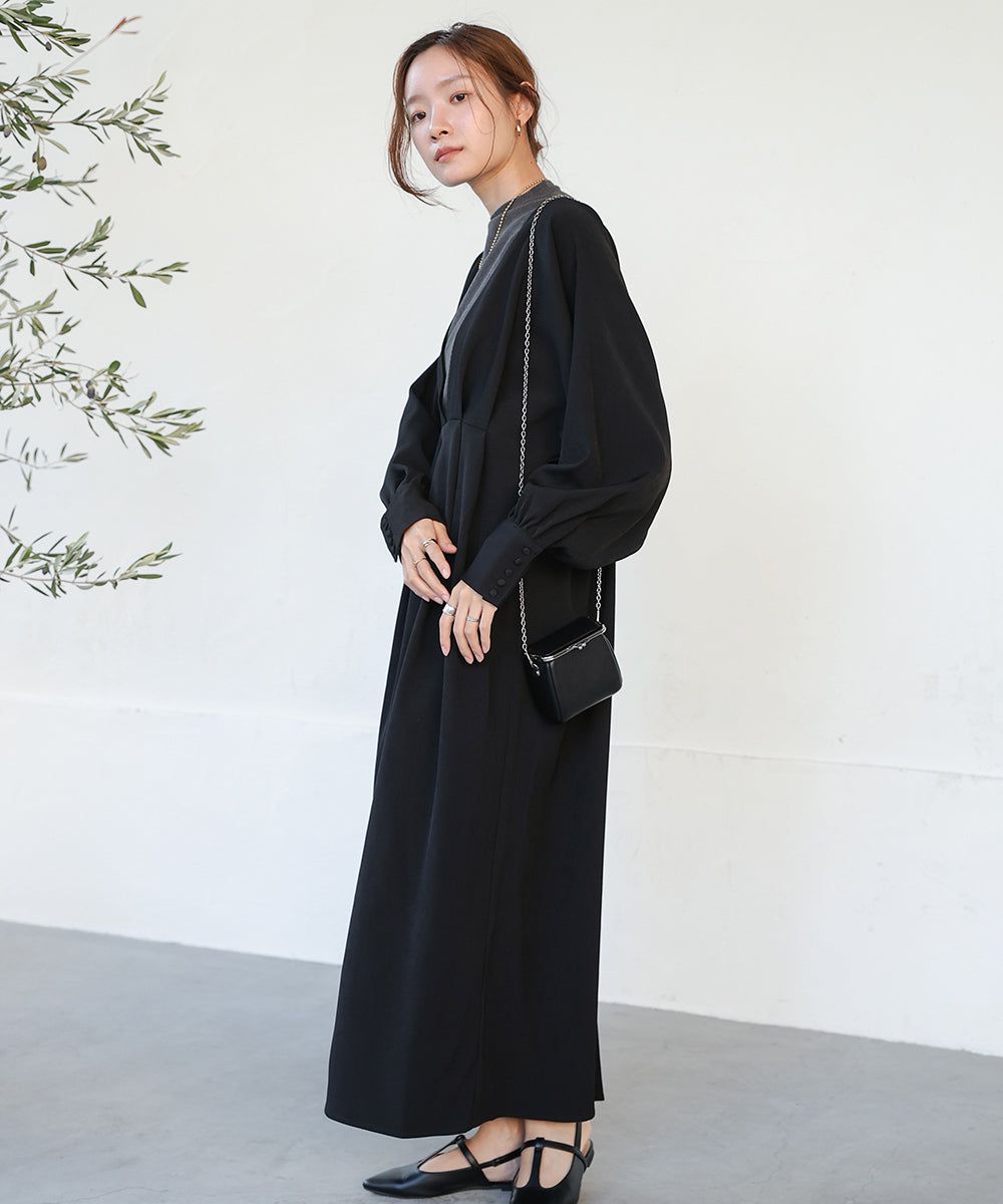 日本 Bab - 大V領拼接唯美歐風長袖洋裝-灰藍