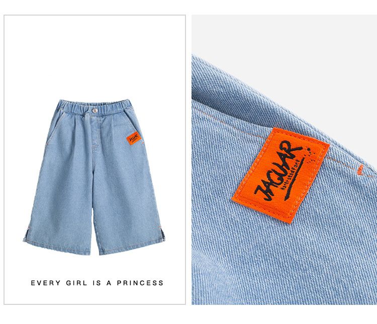 腰鬆緊牛仔七分寬褲-裝飾小標籤-淺藍色