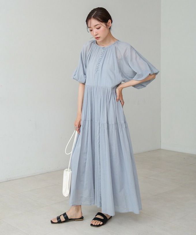 日本 Bab - 100%棉 巴里紗柔軟素色寬袖洋裝-水藍 (S)