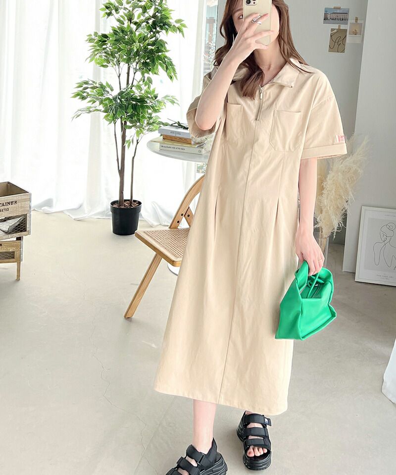 日本 Classical Elf - 酷甜工裝風拉鍊翻領洋裝-焦糖棕