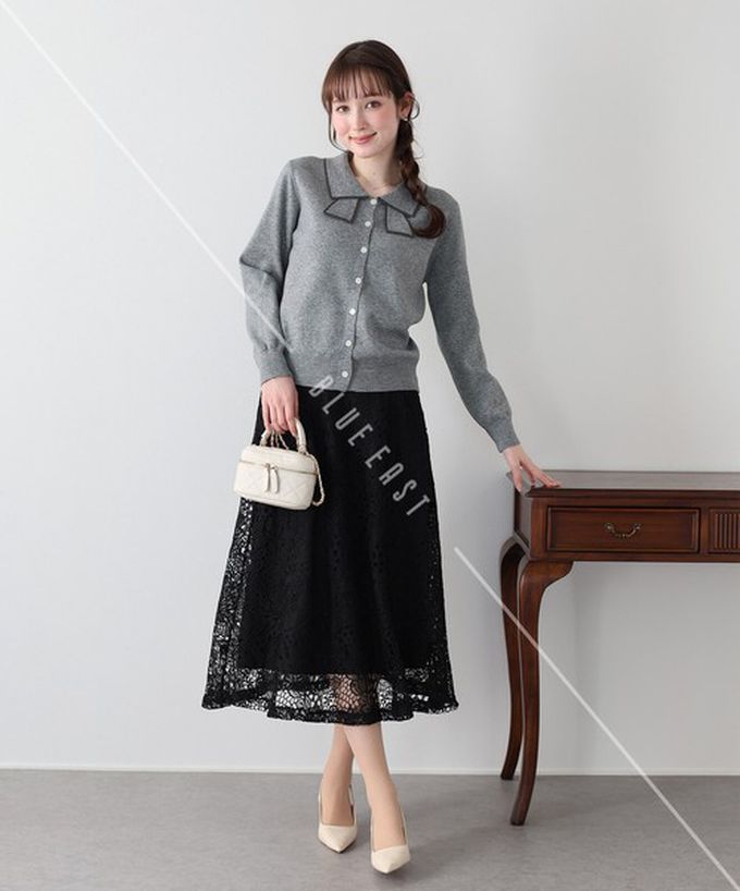 日本 BLUE EAST - 甜美蝴蝶結勾邊領針織上衣開襟衫-灰 (M)