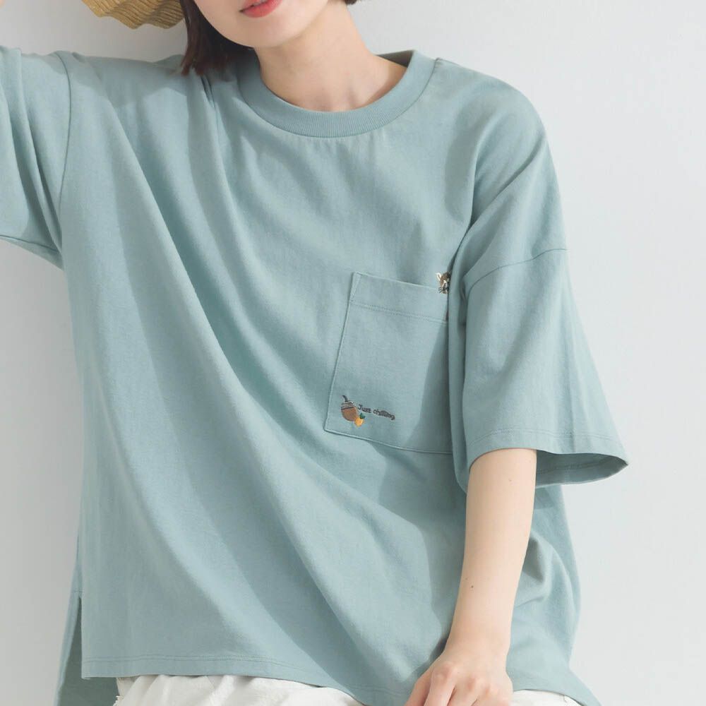 16OE天竺棉 俏皮刺繡五分袖上衣-小浣熊-薄荷