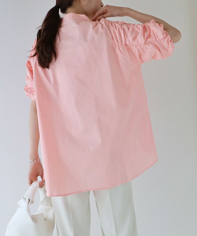 日本 BLUE EAST - 優雅小立領抓皺五分袖襯衫-水藍