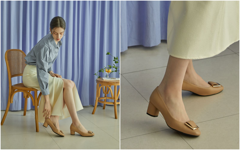 韓國 PINKELEPHANT - 金框裝飾低跟鞋(5cm)-杏