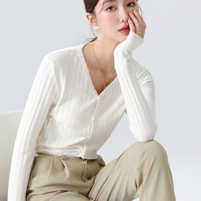 V領坑條紋針織開衫外套/上衣-粉色