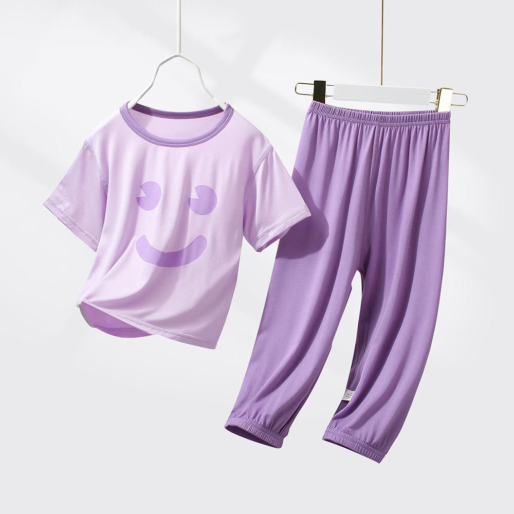親子莫代爾涼感短袖家居服套裝/空調服-笑臉-香芋紫