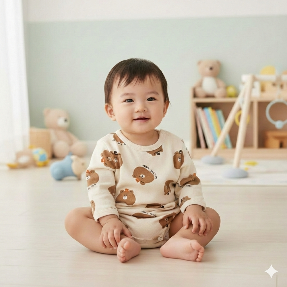 長袖外出包屁衣-滿版印花-象牙白色