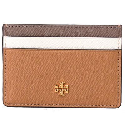TORY BURCH - 十字紋防刮皮革卡片夾 (咖白駝)