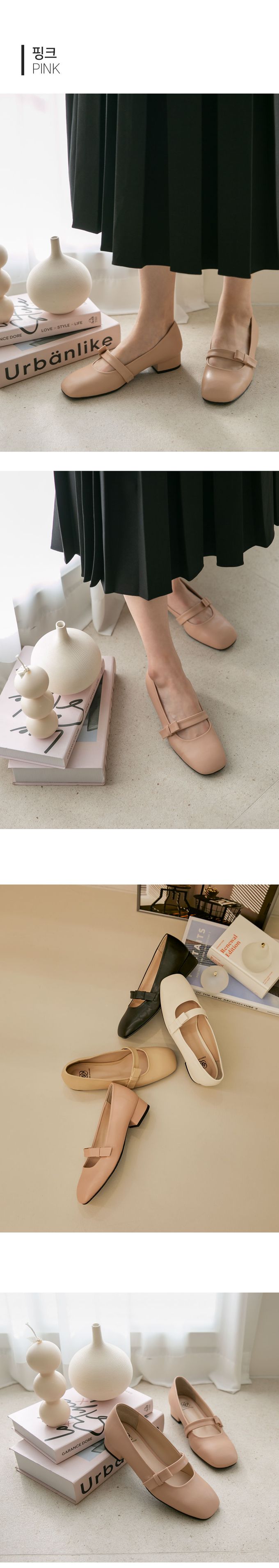 韓國 PINKELEPHANT - 繫帶蝶結瑪莉珍矮跟鞋(3cm)-粉