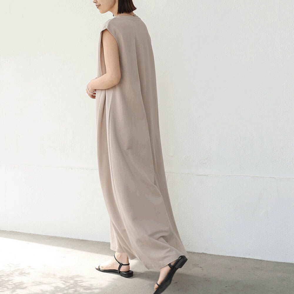 透氣嫘縈肩皺摺A字無袖洋裝-灰杏