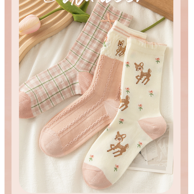 love, charlotte - 粉嫩色小鹿斑比中筒棉襪(均碼腳長22cm+) (FREE (腳長22cm+))-3 雙一組