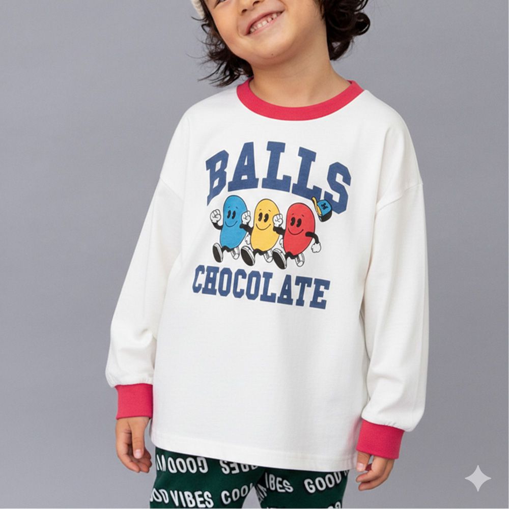 俏皮印花薄長袖上衣-巧克力豆-白