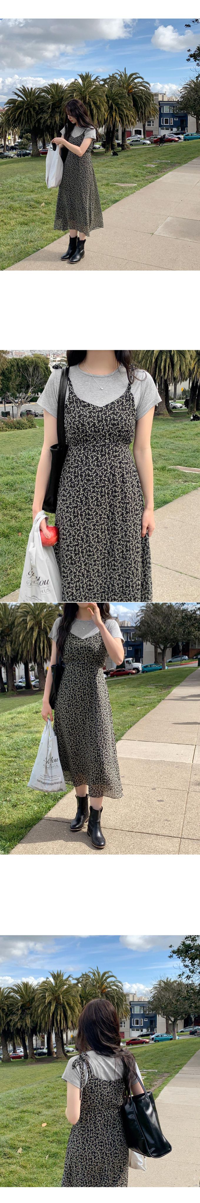 韓國 98doci - 碎花飄逸V字綁帶連身洋裝-天空藍