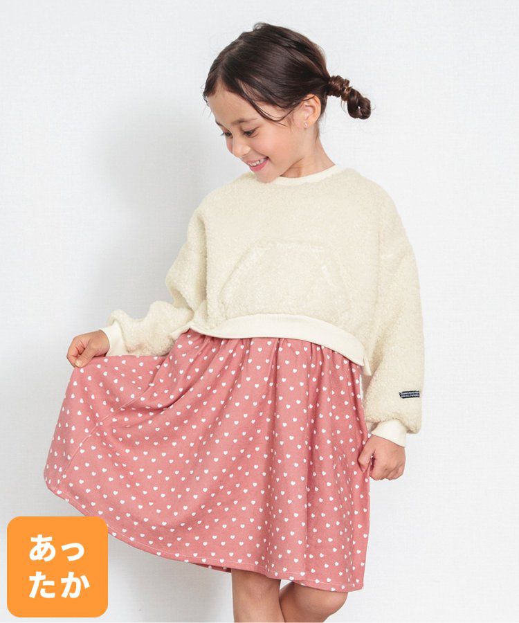 日本 BREEZE - 毛絨印花拼接長袖洋裝-黑x白斑點