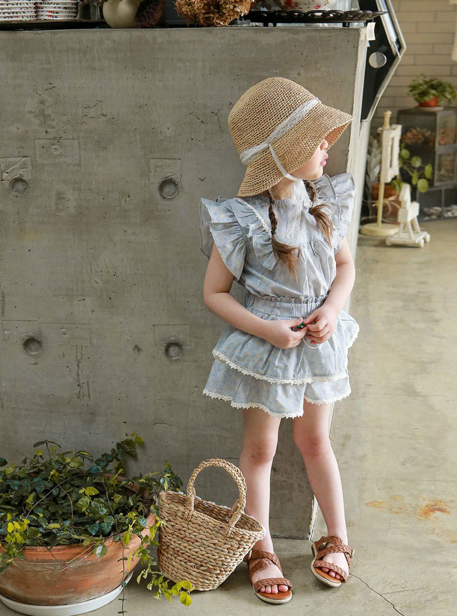 韓國 Puellaflo - 蕾絲花朵滾邊碎花蛋糕褲裙-藍