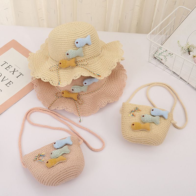 日系不規則大帽簷草帽/遮陽帽(附小背包)-小魚-咖啡色 (建議2-8歲)