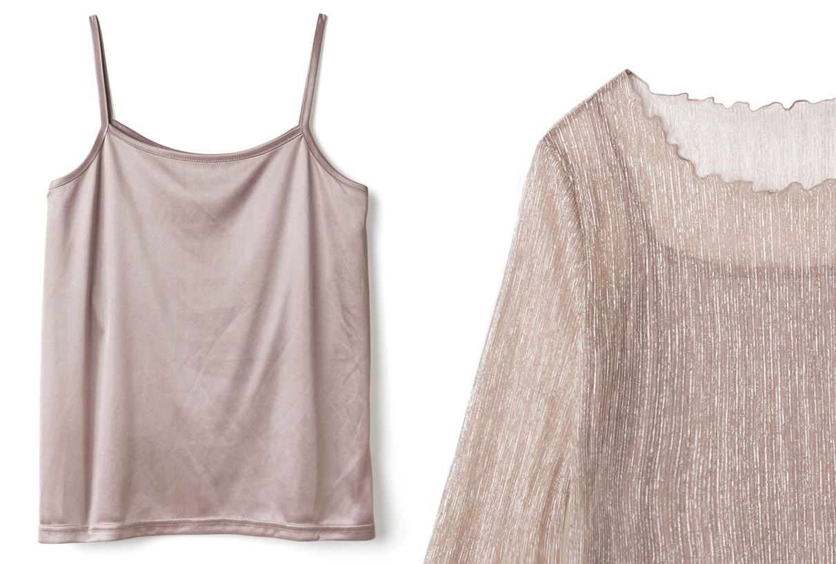 日本 GRL - 金蔥透膚捲邊上衣X細肩帶背心兩件組-星塵粉