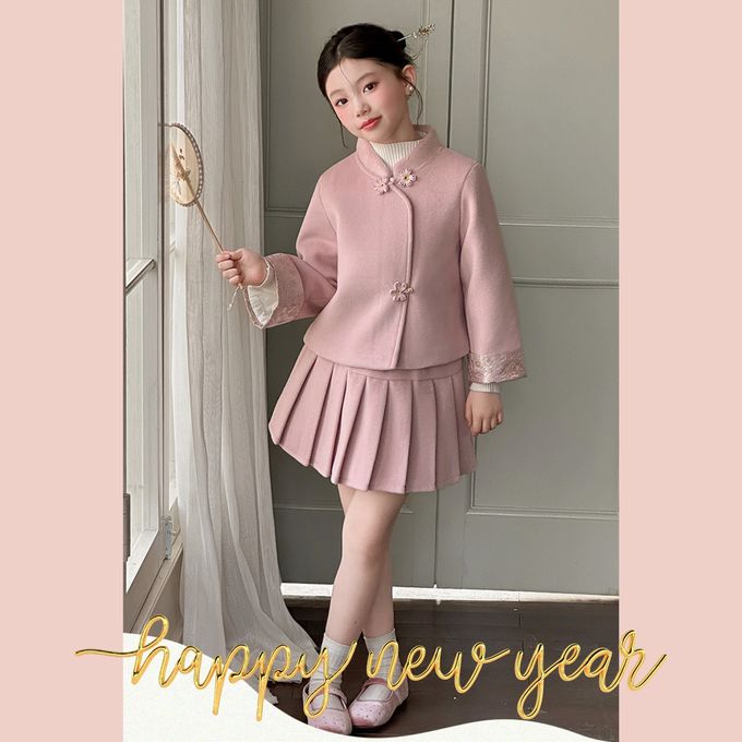 中式旗袍領盤扣毛呢外套百褶裙套裝