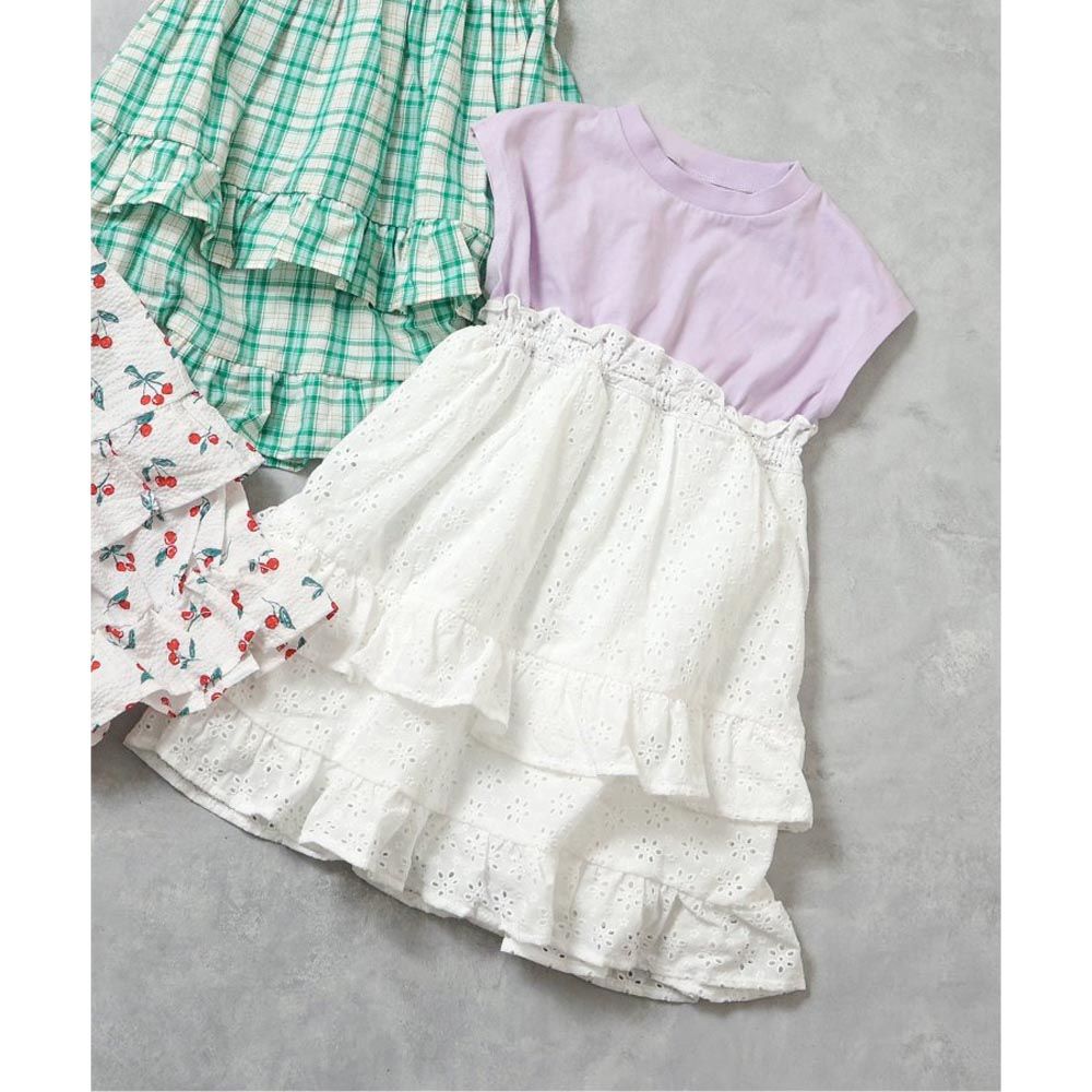 日本 BREEZE - 拼接層次甜美法式袖洋裝-緹花-紫x白