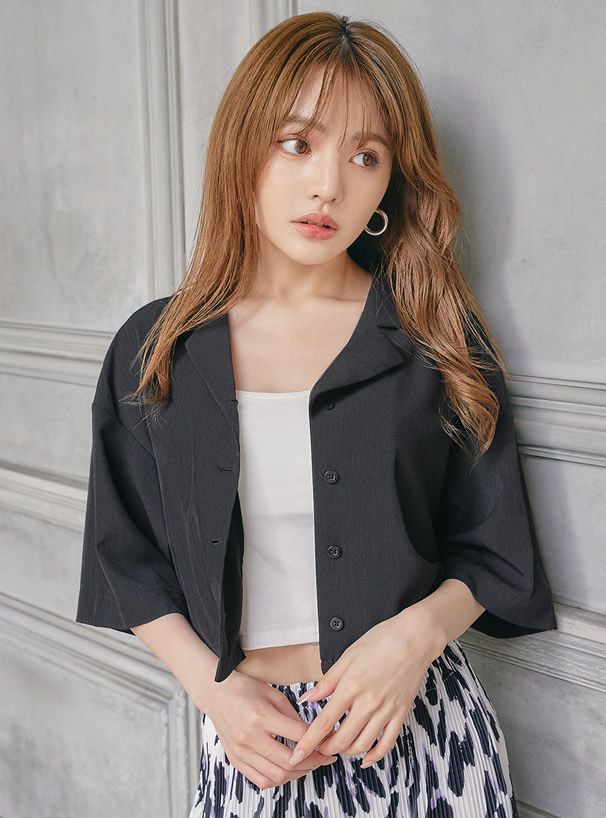 日本 GRL - 率性翻領排釦短袖襯衫/外套-黑