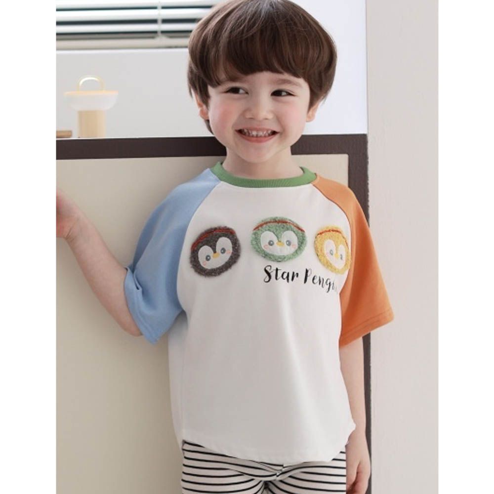 萌萌毛絨企鵝撞色短袖上衣-天藍X橘