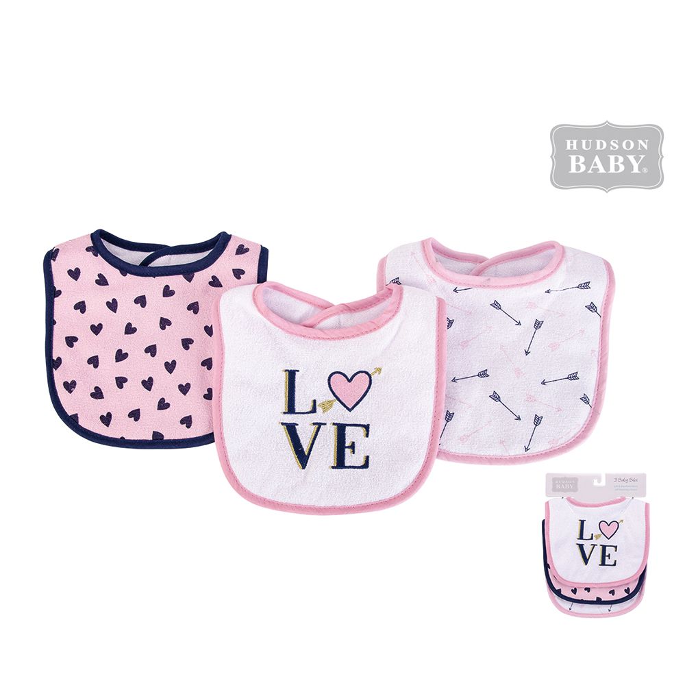 美國 Luvable Friends - 甜蜜寶貝嬰幼兒吸水口水巾圍兜3入組-粉底愛心
