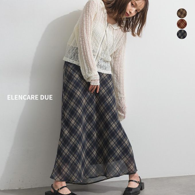 日本 ELENCARE DUE - 氣質格紋流暢線條感長裙-咖啡黃